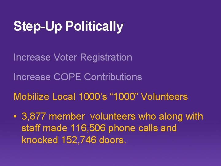 Step-Up Politically Increase Voter Registration Increase COPE Contributions Mobilize Local 1000’s “ 1000” Volunteers