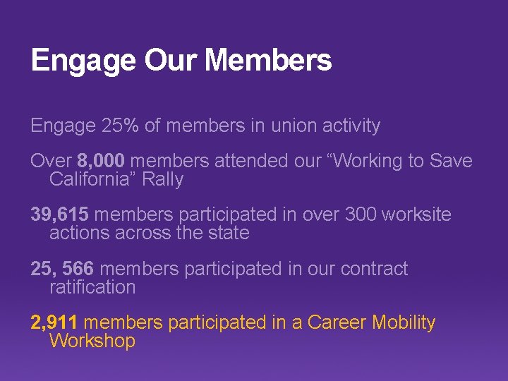 Engage Our Members Engage 25% of members in union activity Over 8, 000 members