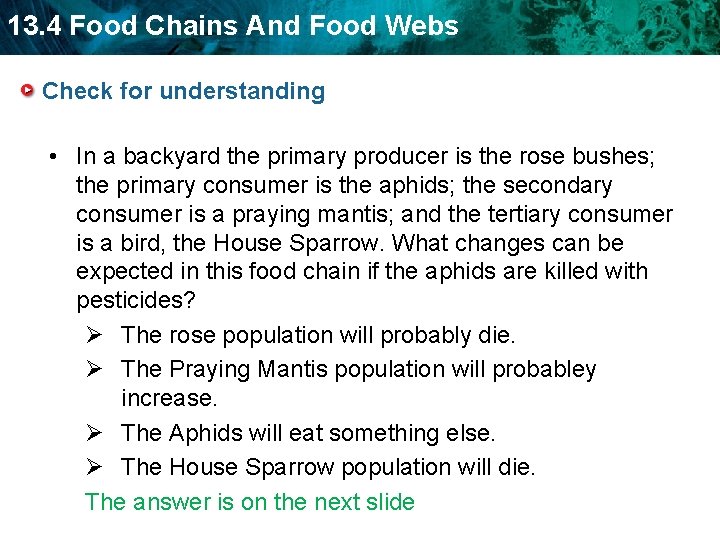 13. 4 Food Chains And Food Webs Check for understanding • In a backyard