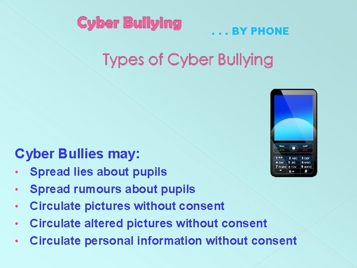 . . . BY PHONE Cyber Bullies may: • • • Spread lies about