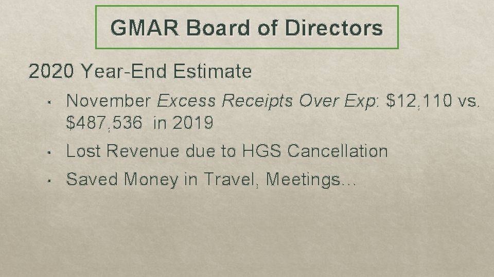 GMAR Board of Directors 2020 Year-End Estimate • November Excess Receipts Over Exp: $12,