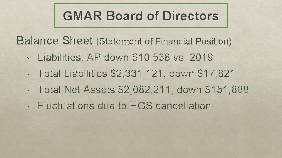 GMAR Board of Directors Balance Sheet (Statement of Financial Position) • Liabilities: AP down
