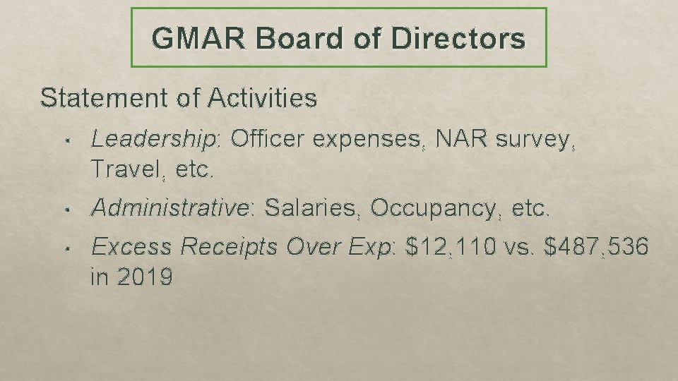 GMAR Board of Directors Statement of Activities • Leadership: Officer expenses, NAR survey, Travel,