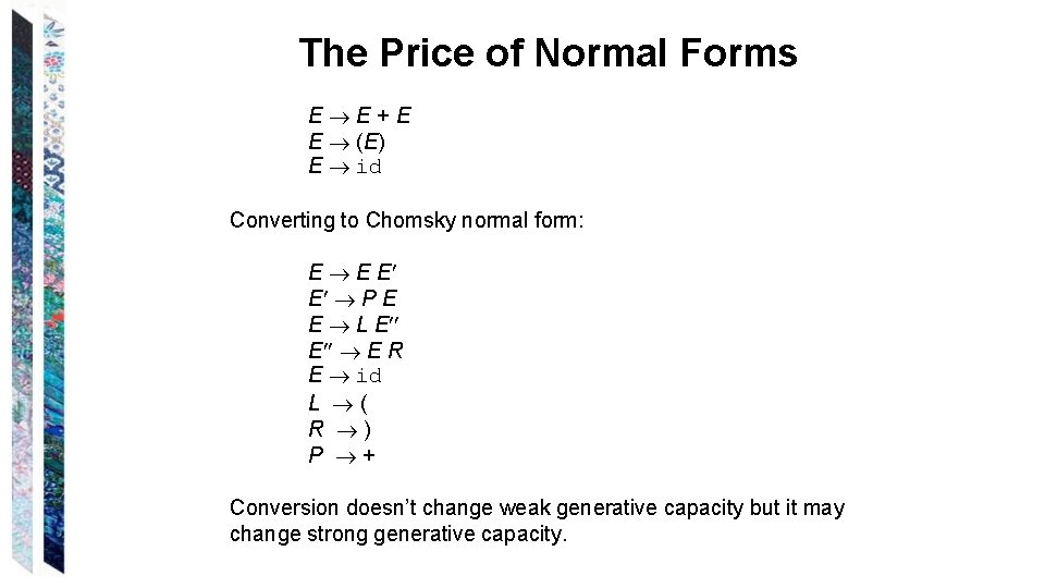 The Price of Normal Forms E E+E E (E) E id Converting to Chomsky