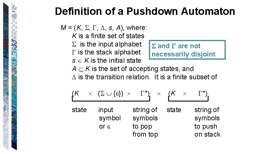 Definition of a Pushdown Automaton M = (K, , s, A), where: K is
