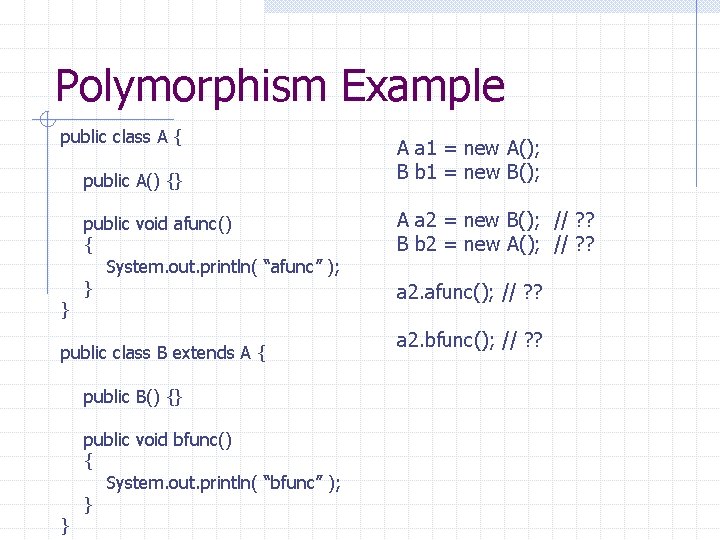Polymorphism Example public class A { public A() {} } public void afunc() {