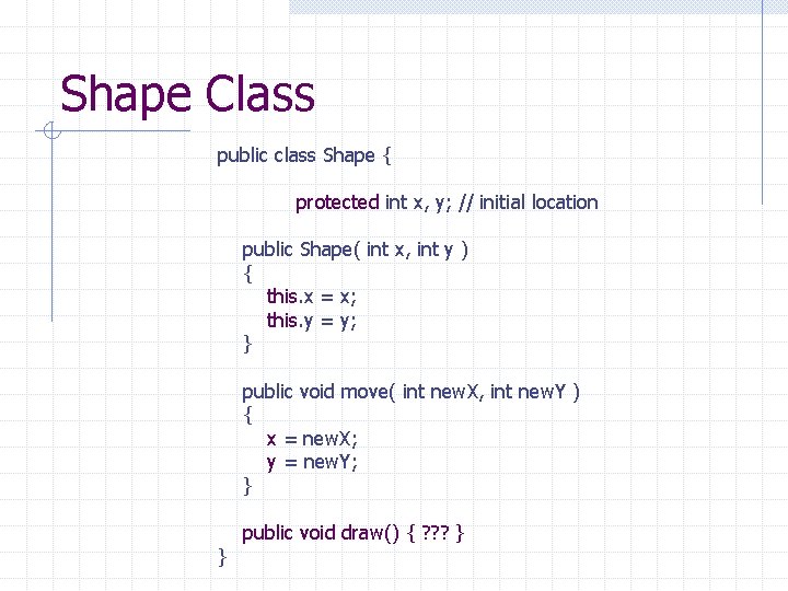 Shape Class public class Shape { protected int x, y; // initial location public