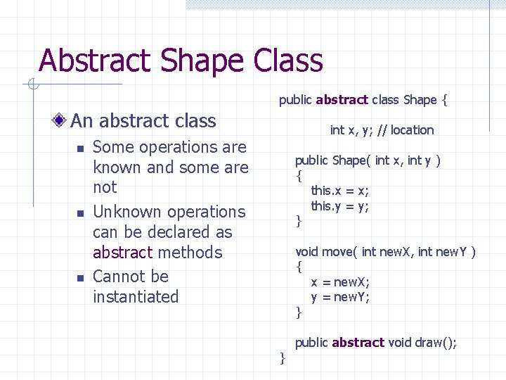 Abstract Shape Class public abstract class Shape { An abstract class n n n
