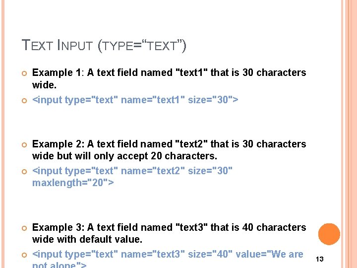 TEXT INPUT (TYPE=“TEXT”) Example 1: A text field named "text 1" that is 30 TEXT INPUT (TYPE=“TEXT”) Example 1: A text field named "text 1" that is 30