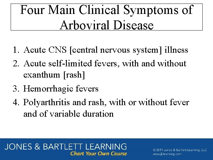 Four Main Clinical Symptoms of Arboviral Disease 1. Acute CNS [central nervous system] illness