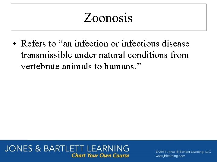 Zoonosis • Refers to “an infection or infectious disease transmissible under natural conditions from