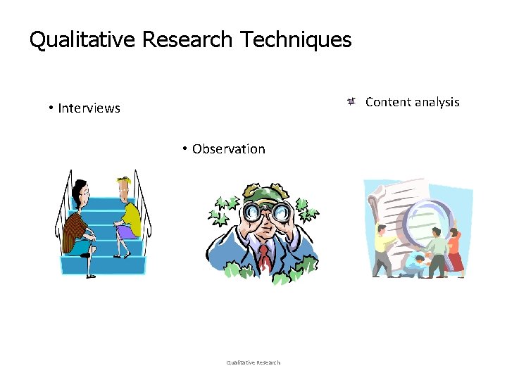 Qualitative Research Techniques Content analysis • Interviews • Observation 12/14/2021 Qualitative Research 17 