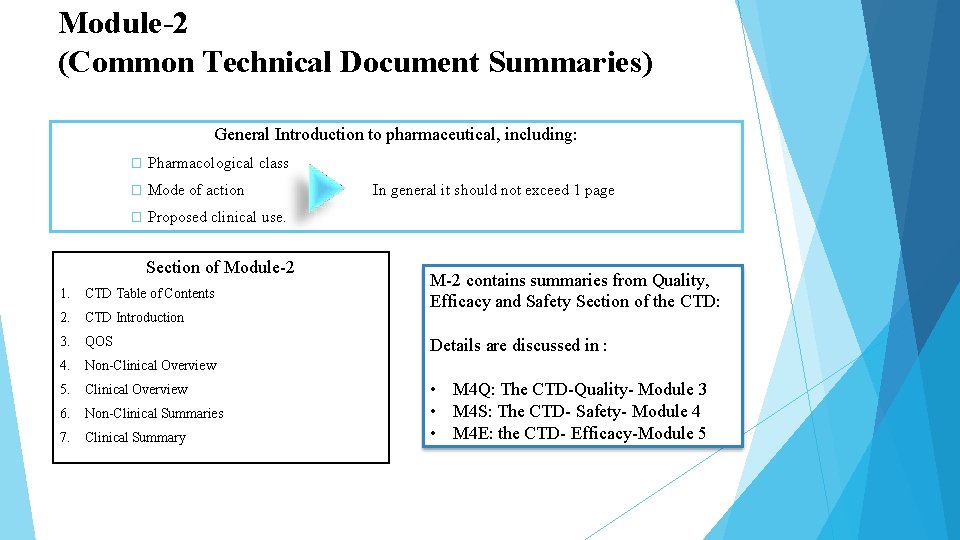 Module-2 (Common Technical Document Summaries) General Introduction to pharmaceutical, including: � Pharmacological class �