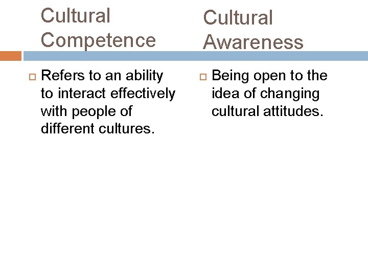 Cultural Competence Refers to an ability to interact effectively with people of different cultures.