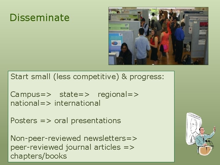 Disseminate Start small (less competitive) & progress: Campus=> state=> regional=> national=> international Posters =>