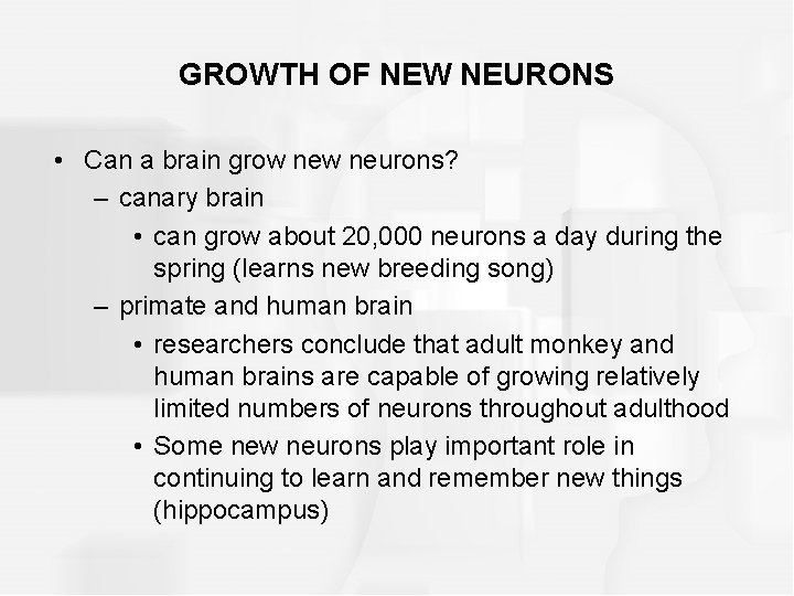 GROWTH OF NEW NEURONS • Can a brain grow neurons? – canary brain •