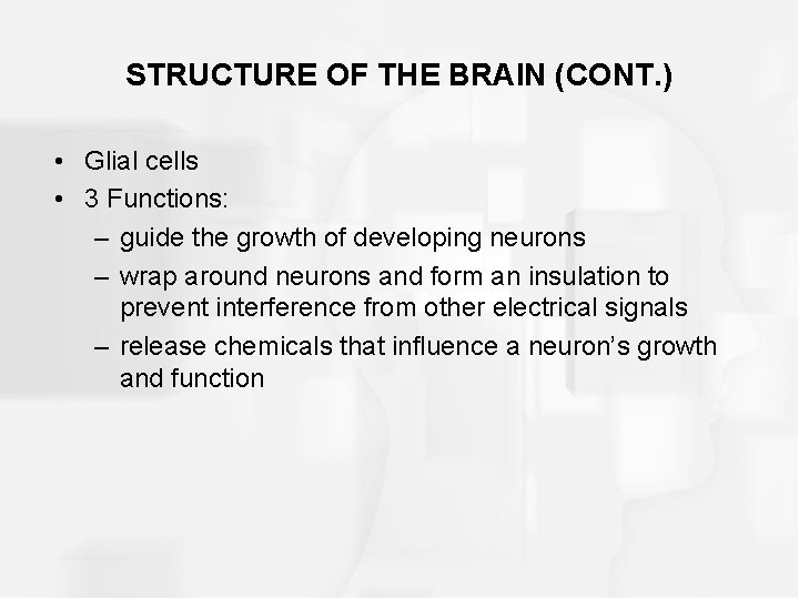 STRUCTURE OF THE BRAIN (CONT. ) • Glial cells • 3 Functions: – guide