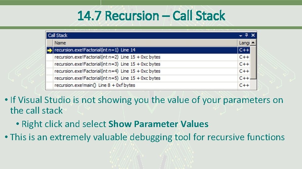 14. 7 Recursion – Call Stack • If Visual Studio is not showing you
