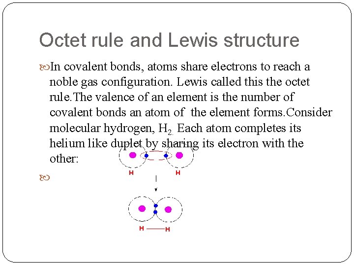Octet rule and Lewis structure In covalent bonds, atoms share electrons to reach a