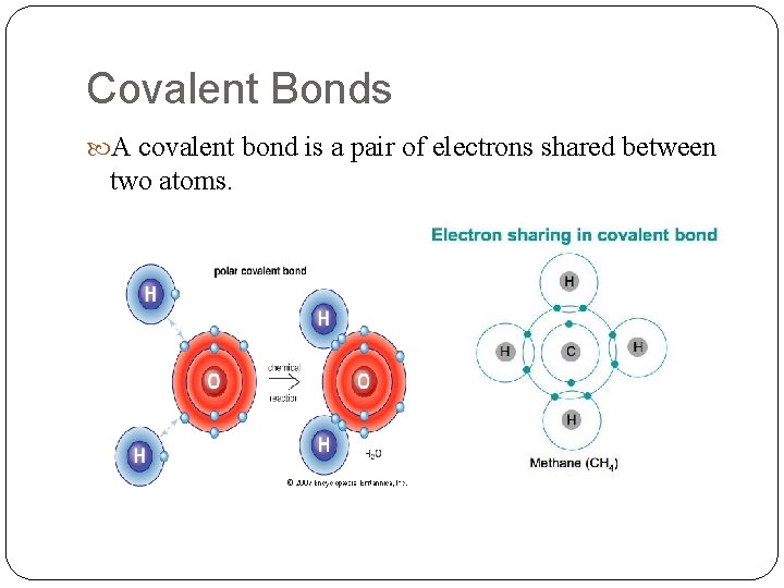 Covalent Bonds A covalent bond is a pair of electrons shared between two atoms.