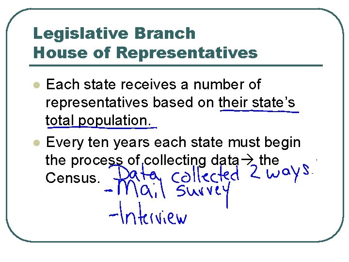 Legislative Branch House of Representatives l l Each state receives a number of representatives
