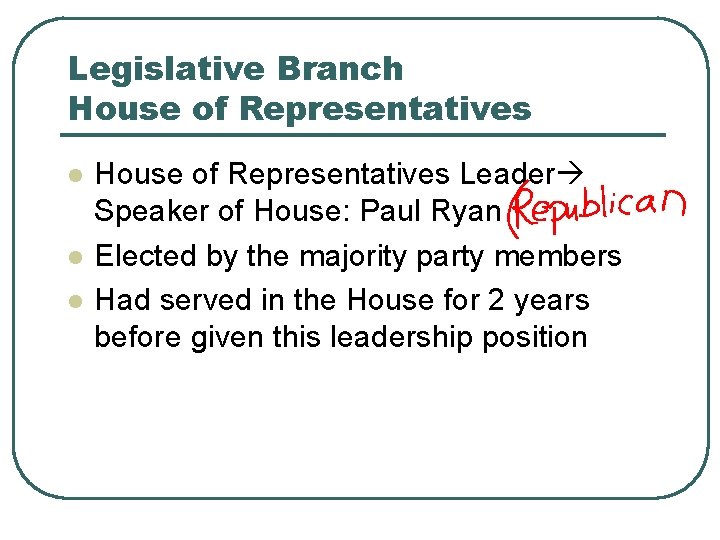 Legislative Branch House of Representatives l l l House of Representatives Leader Speaker of