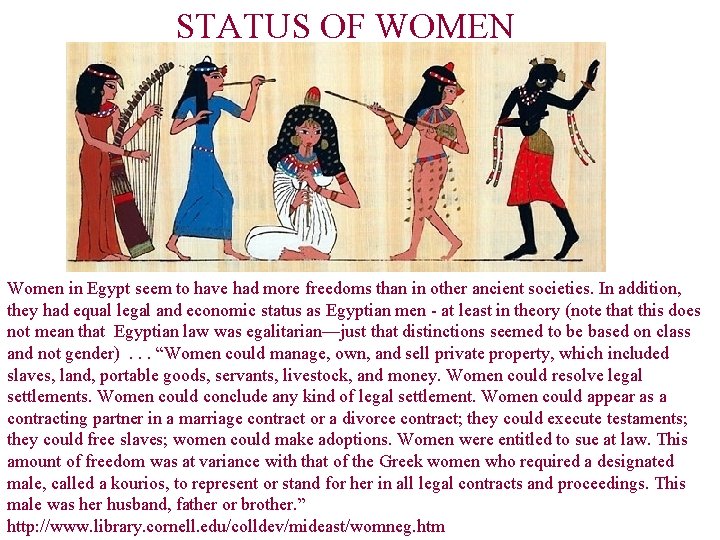 STATUS OF WOMEN Women in Egypt seem to have had more freedoms than in
