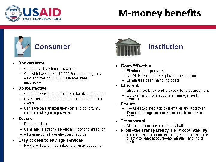 M-money benefits Institution Consumer • Convenience – Can transact anytime, anywhere – Can withdraw