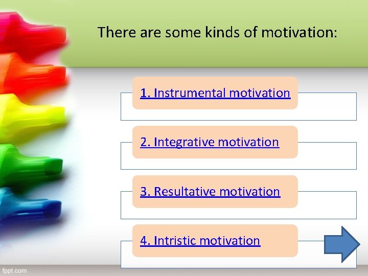 There are some kinds of motivation: 1. Instrumental motivation 2. Integrative motivation 3. Resultative