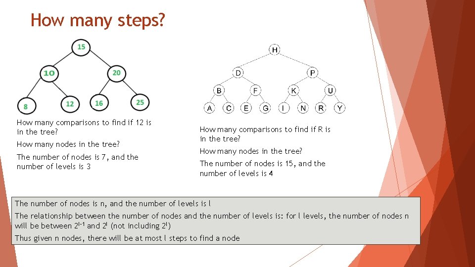 How many steps? How many comparisons to find if 12 is in the tree? How many steps? How many comparisons to find if 12 is in the tree?