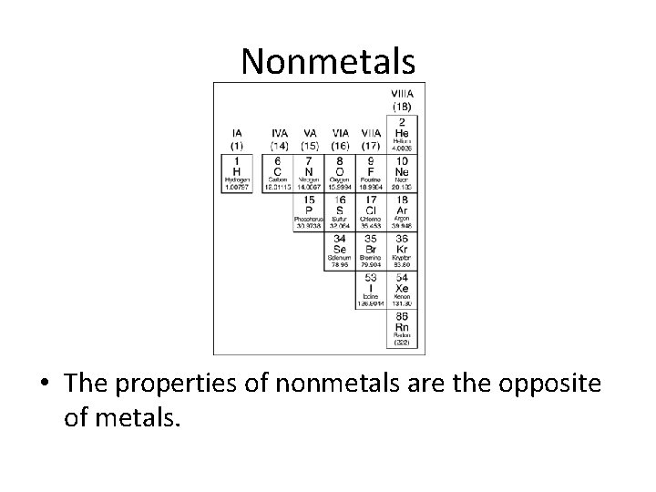 Nonmetals • The properties of nonmetals are the opposite of metals. 