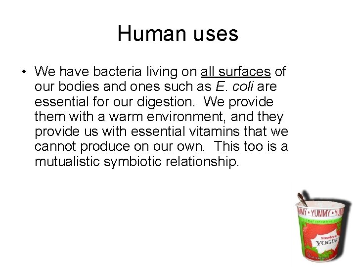 Human uses • We have bacteria living on all surfaces of our bodies and