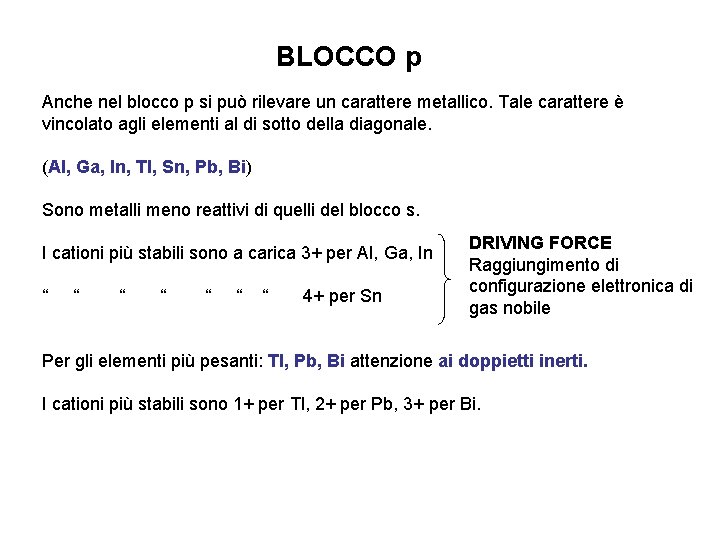 BLOCCO p Anche nel blocco p si può rilevare un carattere metallico. Tale carattere