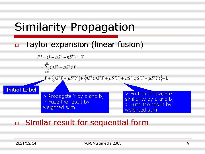 Similarity Propagation o Taylor expansion (linear fusion) Initial Label > Propagate Y by a