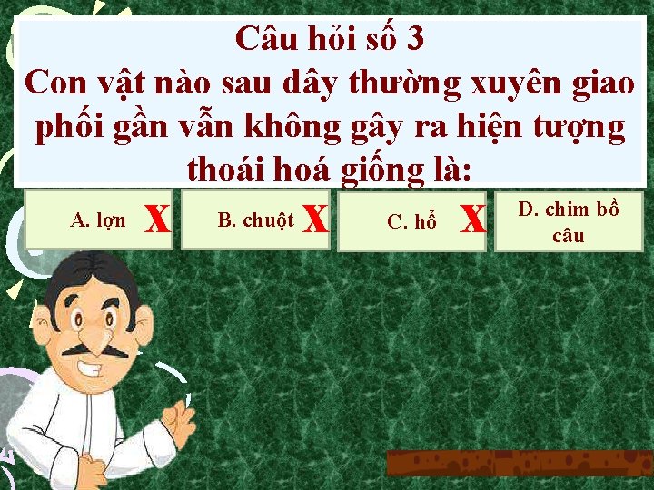 Câu hỏi số 3 Con vật nào sau đây thường xuyên giao phối gần