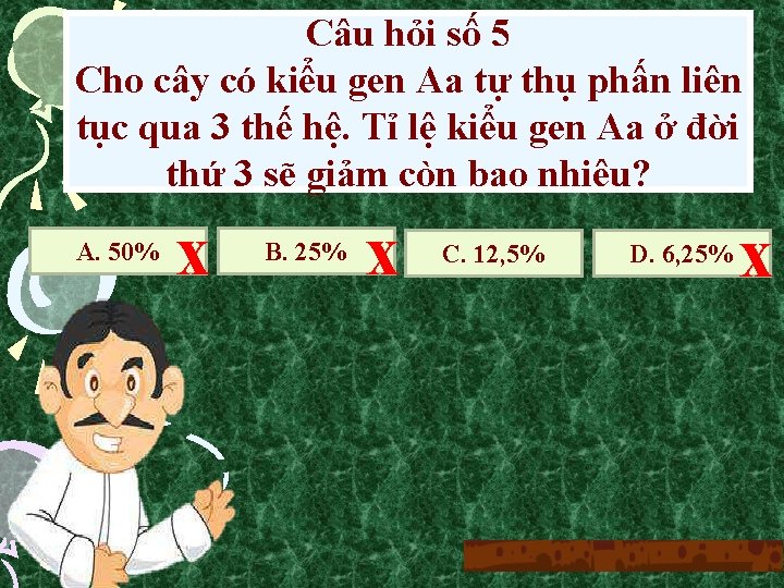 Câu hỏi số 5 Cho cây có kiểu gen Aa tự thụ phấn liên