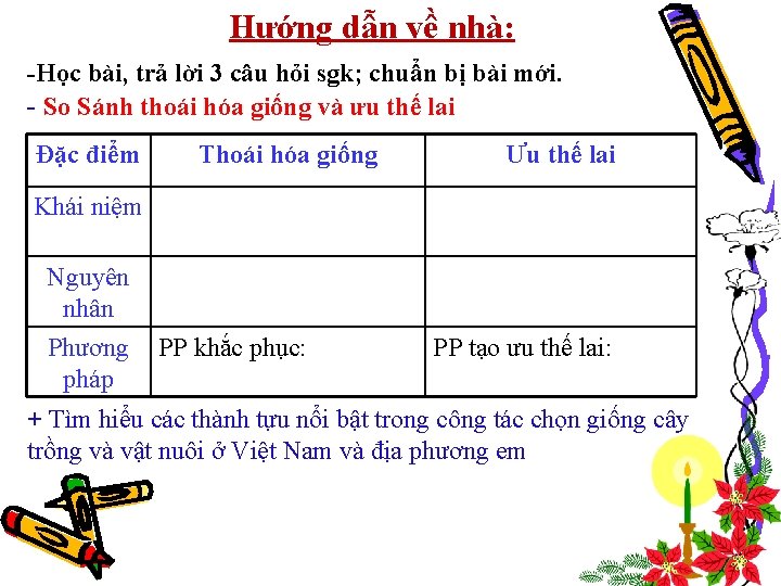 Hướng dẫn về nhà: -Học bài, trả lời 3 câu hỏi sgk; chuẩn bị