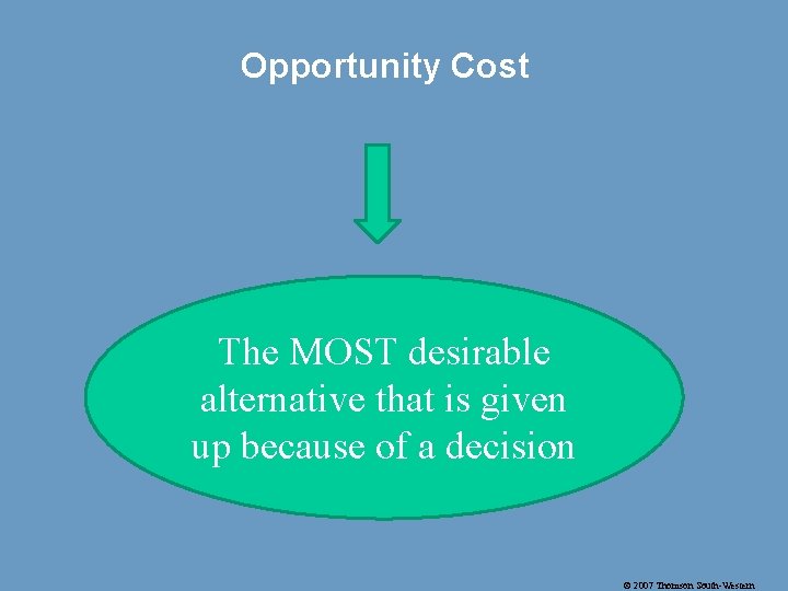 Opportunity Cost The MOST desirable alternative that is given up because of a decision