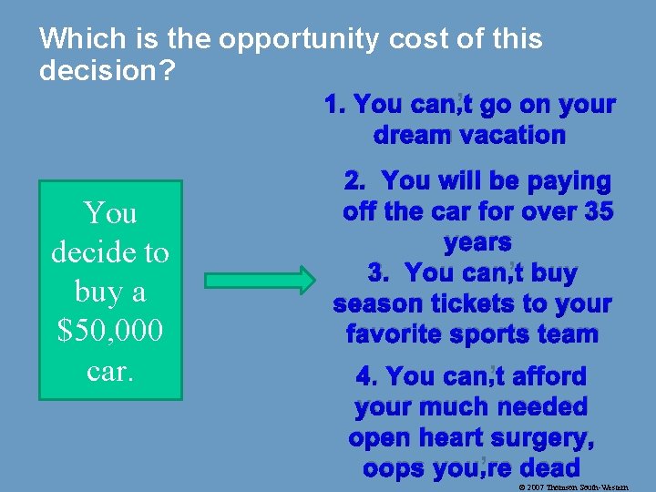 Which is the opportunity cost of this decision? 1. You can’t go on your