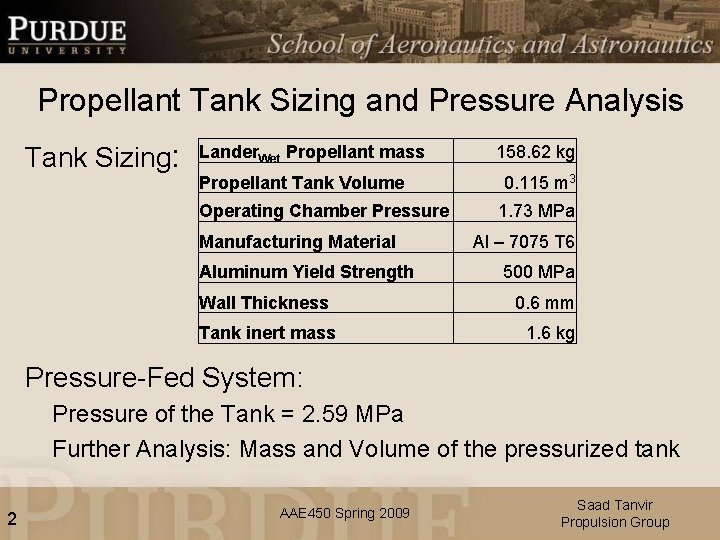 Propellant Tank Sizing and Pressure Analysis Tank Sizing: Lander. Wet Propellant mass 158. 62