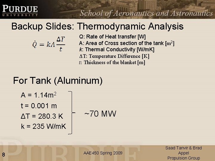 Backup Slides: Thermodynamic Analysis Q: Rate of Heat transfer [W] A: Area of Cross