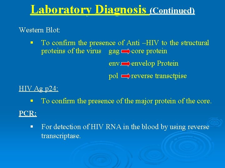 Laboratory Diagnosis (Continued) Western Blot: § To confirm the presence of Anti –HIV to