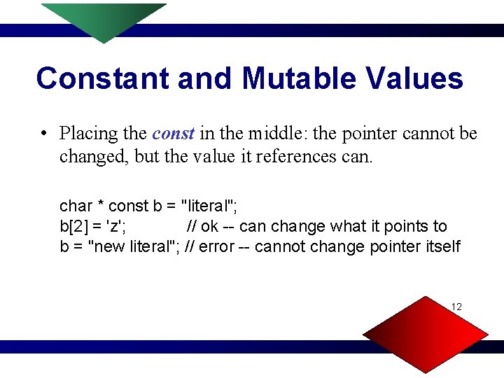 Constant and Mutable Values • Placing the const in the middle: the pointer cannot