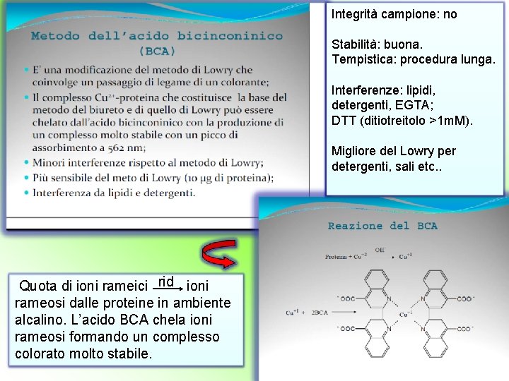 Integrità campione: no Stabilità: buona. Tempistica: procedura lunga. Interferenze: lipidi, detergenti, EGTA; DTT (ditiotreitolo