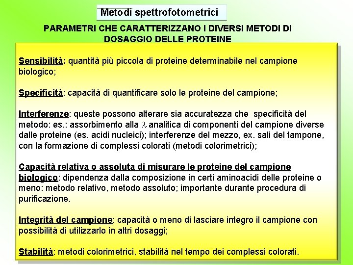 Metodi spettrofotometrici PARAMETRI CHE CARATTERIZZANO I DIVERSI METODI DI DOSAGGIO DELLE PROTEINE Sensibilità: quantità