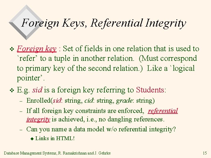 Foreign Keys, Referential Integrity Foreign key : Set of fields in one relation that