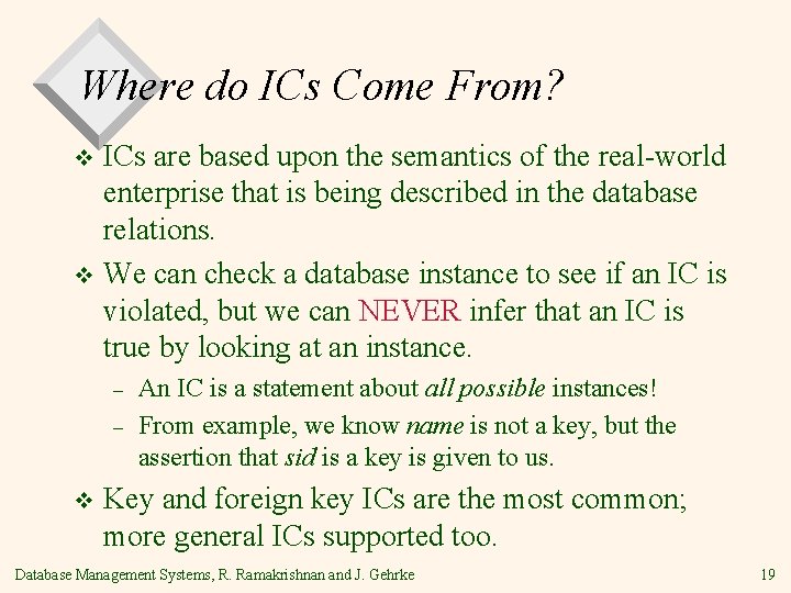 Where do ICs Come From? ICs are based upon the semantics of the real-world