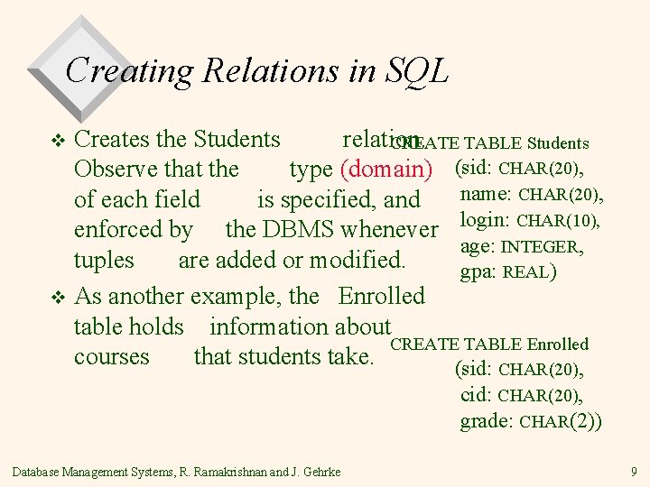 Creating Relations in SQL Creates the Students relation. CREATE TABLE Students Observe that the