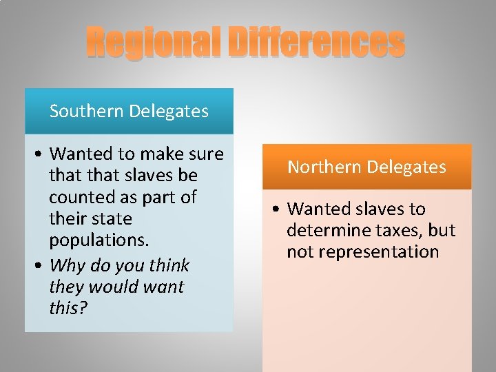 Regional Differences Southern Delegates • Wanted to make sure that slaves be counted as