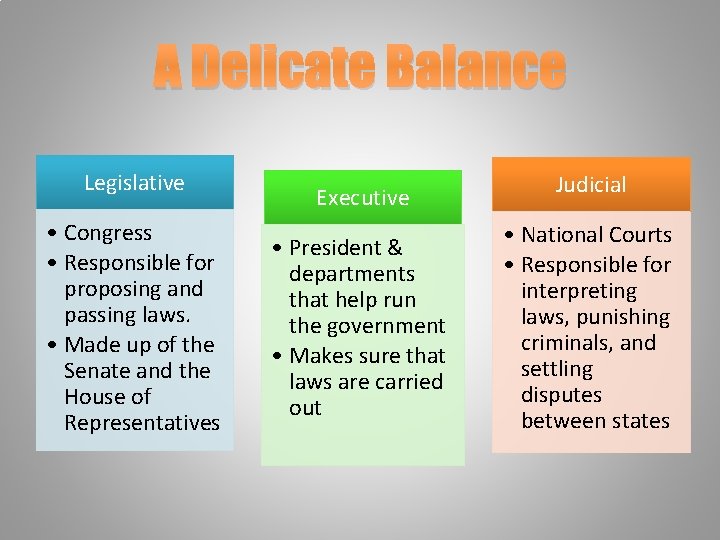 A Delicate Balance Legislative • Congress • Responsible for proposing and passing laws. •
